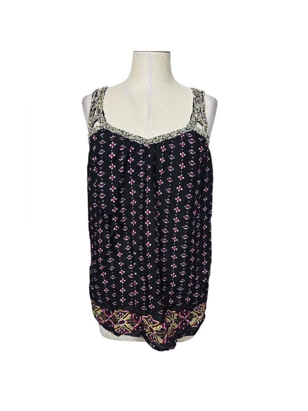 Hazel Printed Double Strap Rayon Black Pink Tank Top M